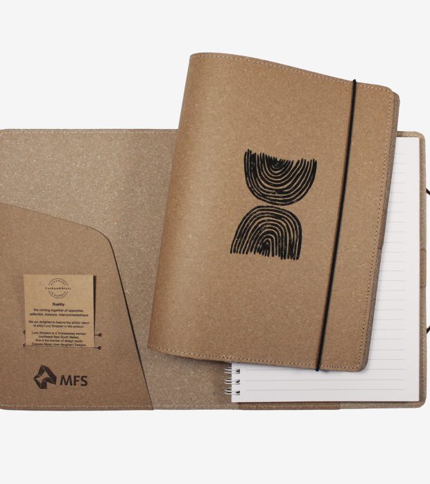 MFS recycled leather journal Australian made idigenous design Lucy Simpson Gaawaa Miyay designs