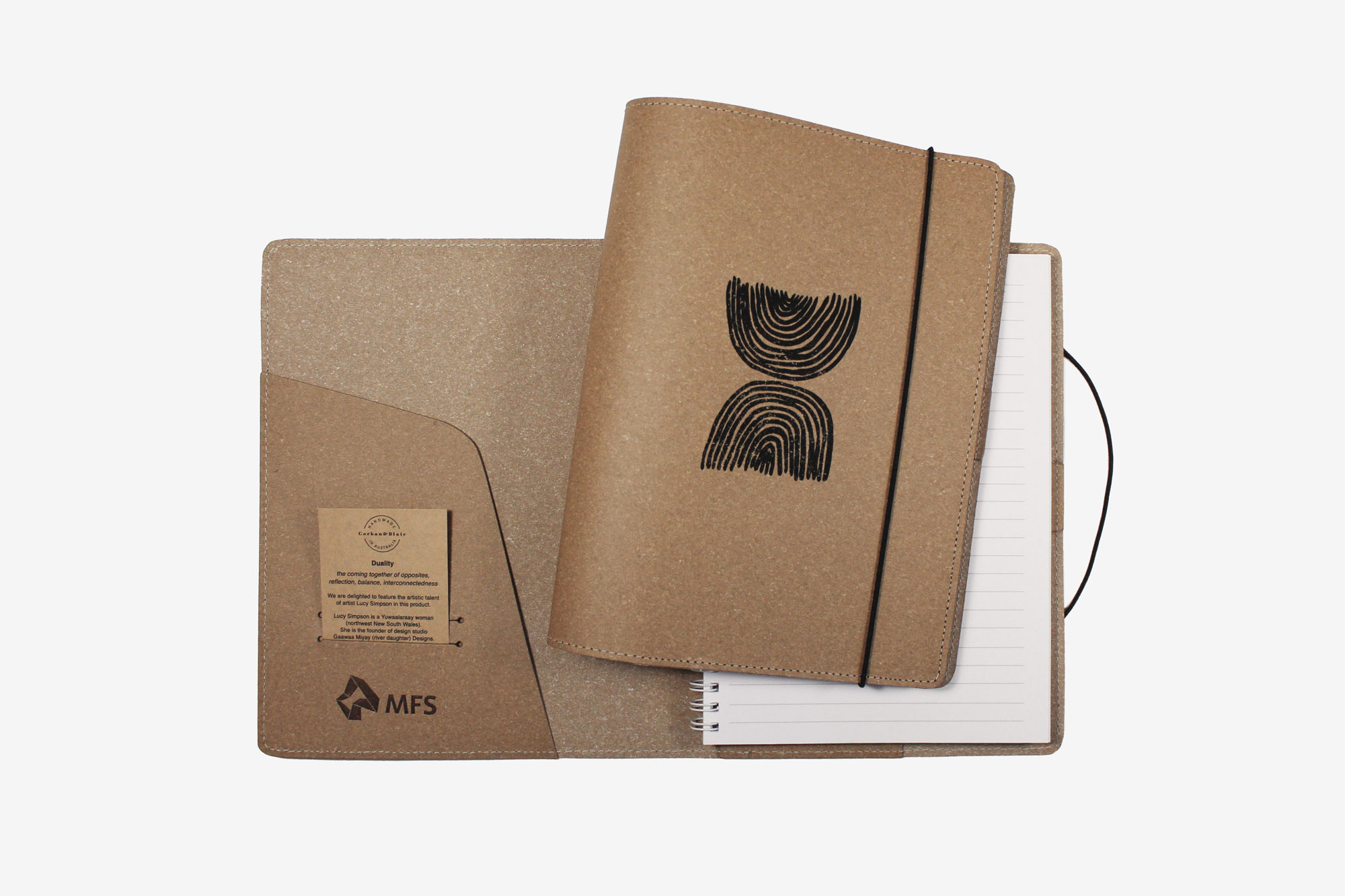 MFS recycled leather journal Australian made idigenous design Lucy Simpson Gaawaa Miyay designs