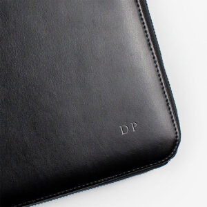 Black A4 leather compendium with silver foil monogramming